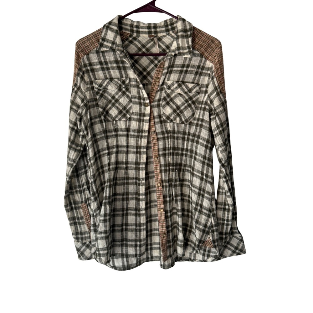 Free Peopleā Womens Plaid Long Sleeve Button Shirt Olive Green Bohemian Cabin XS